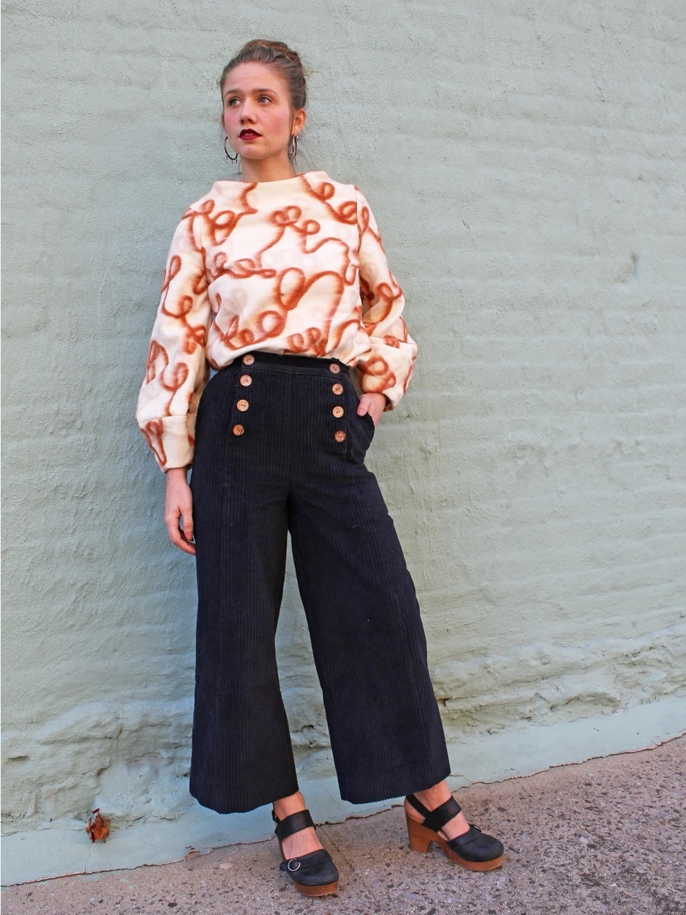 Salvage Cloth Navy Blue Black Corduroy High Waisted Wide Leg Sailor Pants Small